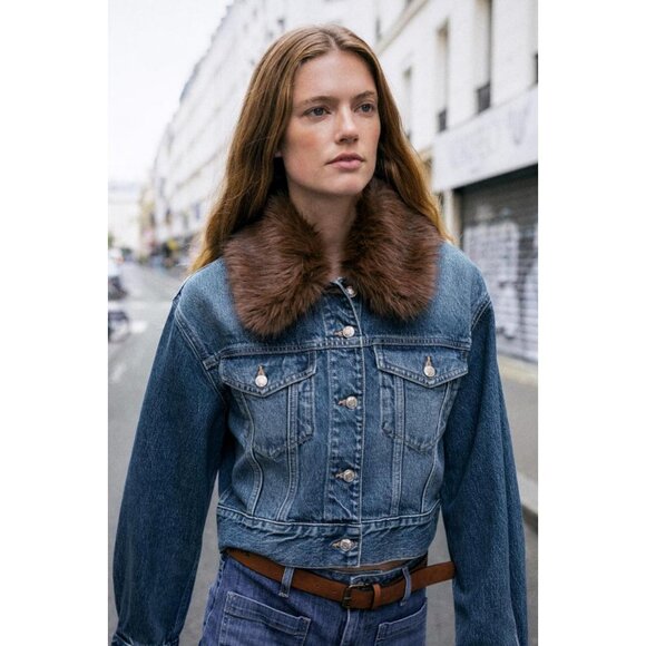 ZARA Z1975 FAUX FUR COLLAR SHORT DENIM JACKET - Picture 2 of 10